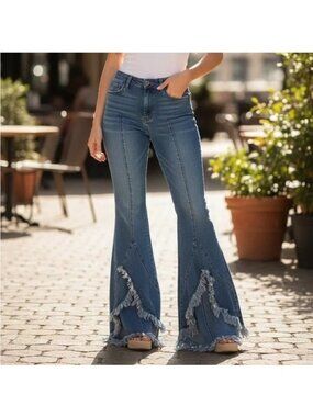 Lucky & Blessed High Rise Flare Denim Jeans With Frayed Hem - Size 12